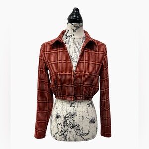 ZARA Orange Burgundy Purple Houndstooth Plaid Print Long Sleeve Cropped Top M